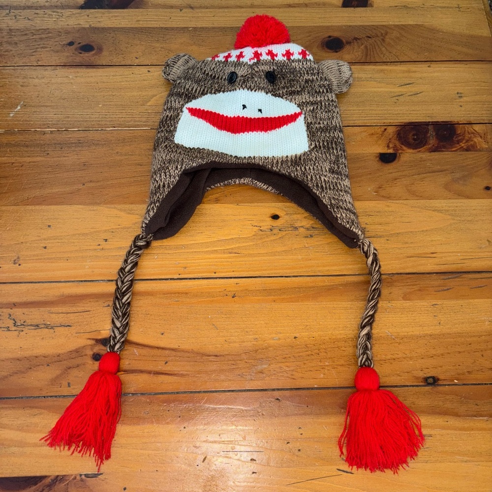 Kids' Brown Monkey Knit Hat with Red Accents